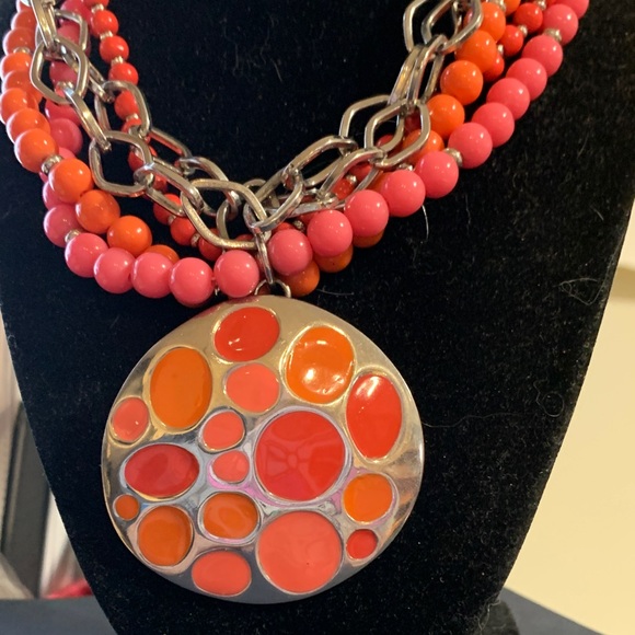 Coral & Orange Beaded Pendant Necklace - Picture 2 of 7